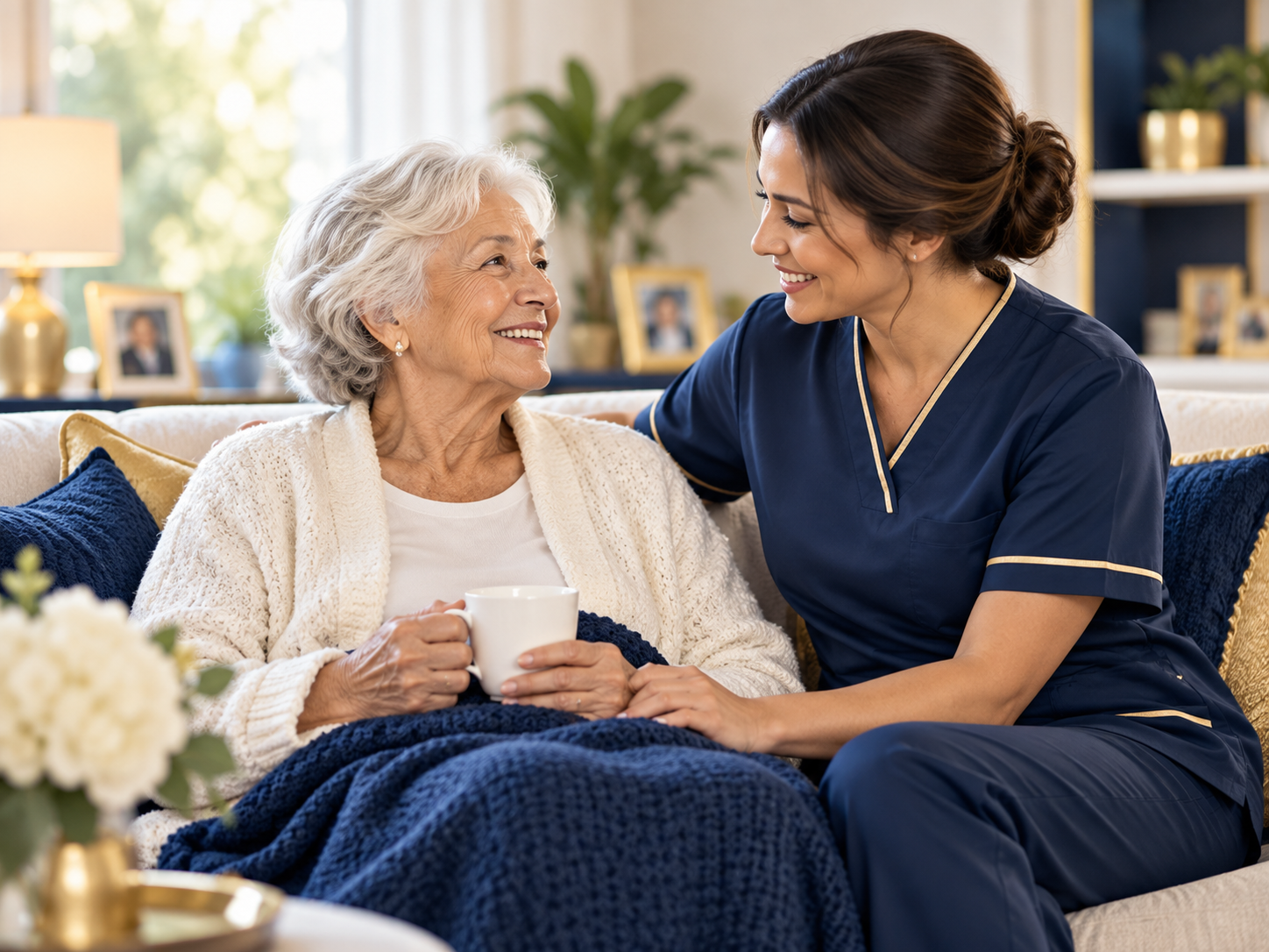 Caregiver spending quality time with an older adult at home