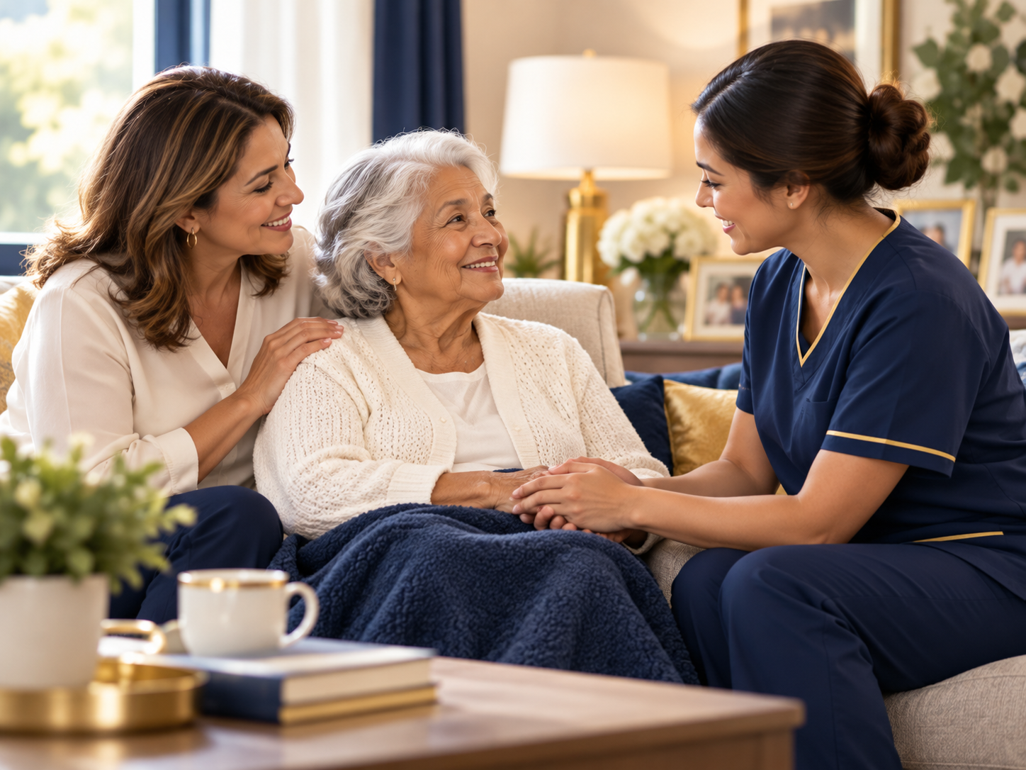 Caregiver and family member supporting an older adult at home